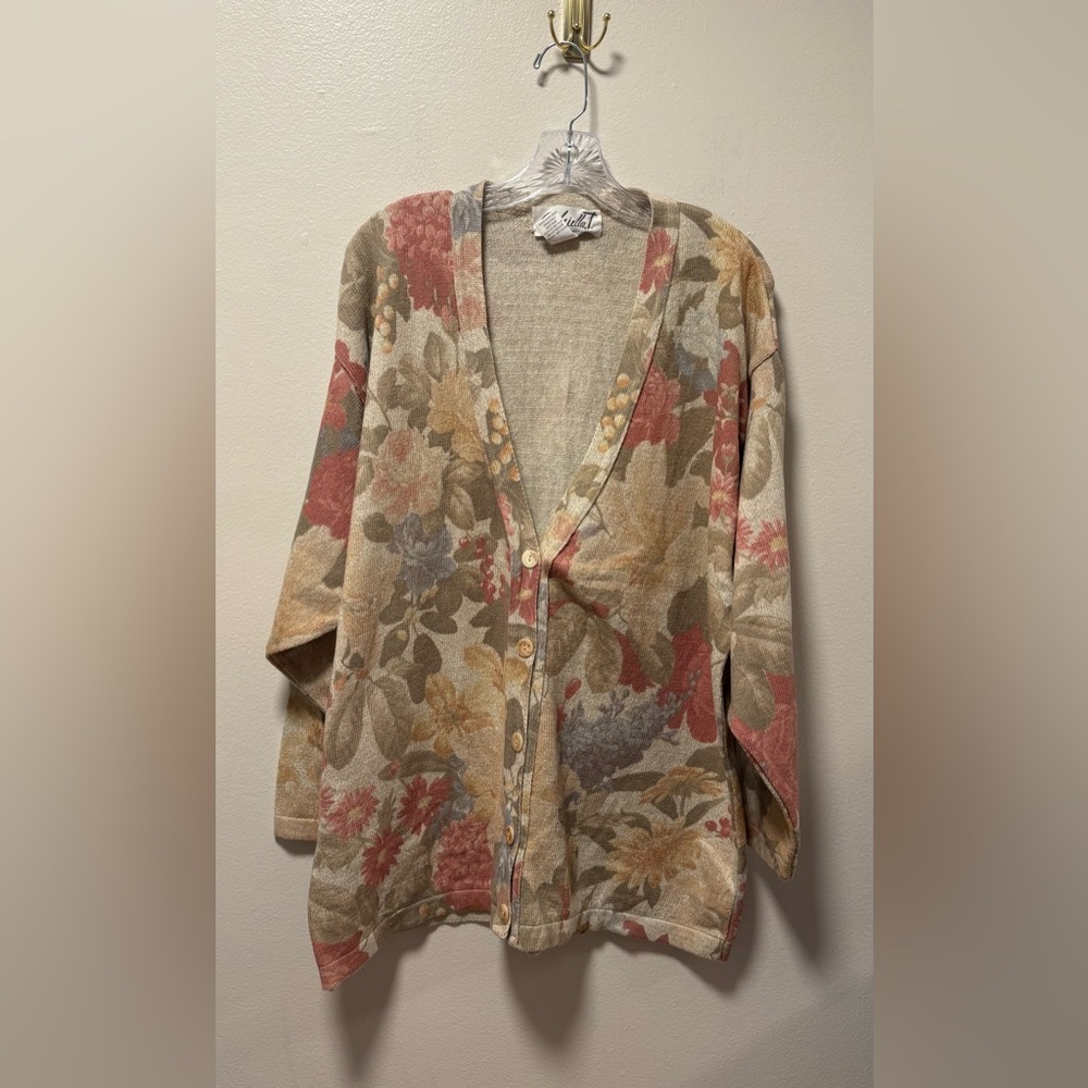 Gabriella button up cardigan linen blend floral plus size granny core spring